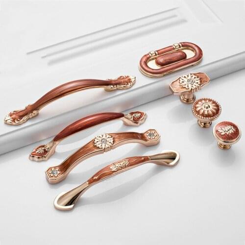 European Style Gold Cabinet Knobs and Handles Red Amber Kithcen Handle Drawer Pulls Furniture Handle Hardware