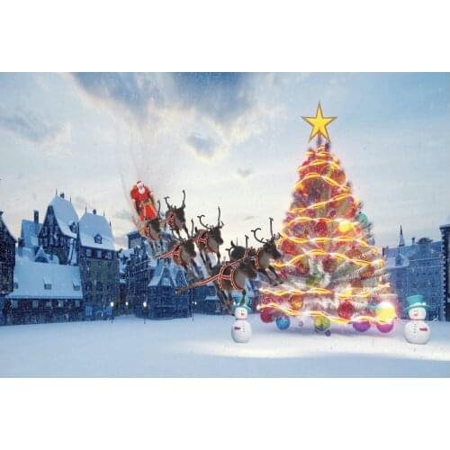 Christmas Backdrop City Snow Scene Xmas Tree Snowman Photography Background Happy New Year Party Decor Photo Booth Studio Props