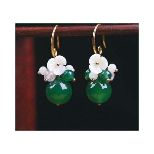 Ethnic style short Earrings Fashion Earrings shell Green Agates Pendant handicraft temperament retro Earrings