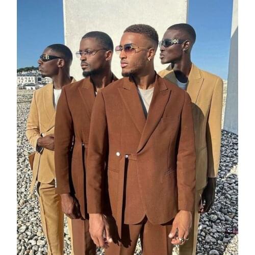 New Arrival Brown Men Suits With Belt Costume Homme Slim Fit Wedding Terno Masculino Groom Prom Blazer 2 Pcs Jacket+Pant