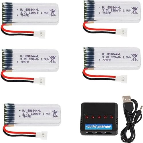 3.7V 520mAh 25c Lipo Battery 801844 with 5 in 1 Charger for H107P RC Camera Drone Accessories 3.7 v battery for H107P wholesale