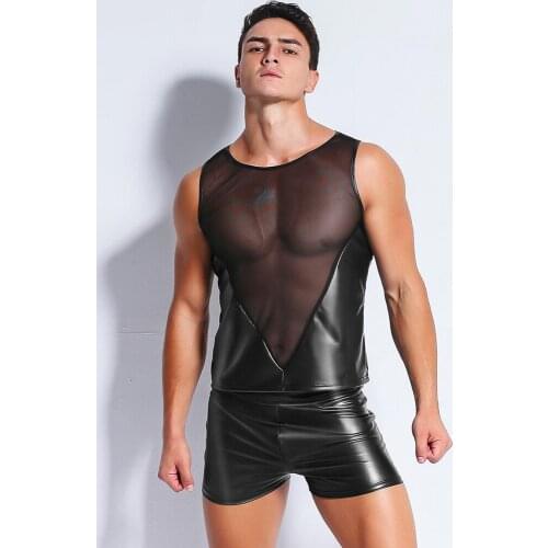 Men Gay Top Shirt See Through Mesh Patchwork Wet Look PU Leather Short Sleeve T-Shirt Clubwear Pole Dance Costume