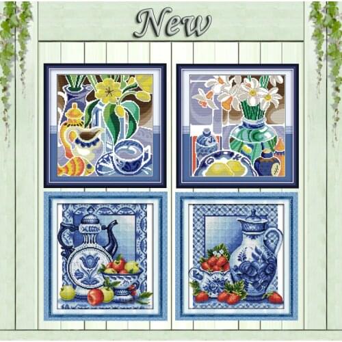 Blue and white porcelain flower fruit painting counted print on canvas DMC 11CT 14CT Cross Stitch kits embroidery needlework Set