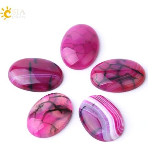 CSJA Natural Cabochon Stone Beads Rose Red Striped Agates Semi-Precious Oval CAB for DIY Handmade Jewelry Making Needlework F836