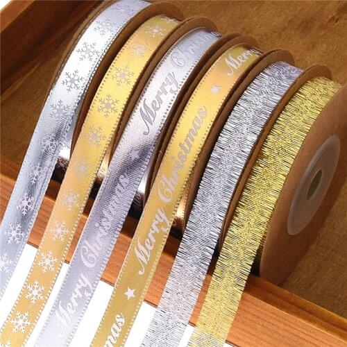 New 10m gold/silver color snow /merry Christmas gilt printing letter ribbon gift packaging snowflake lace ribbon decoration
