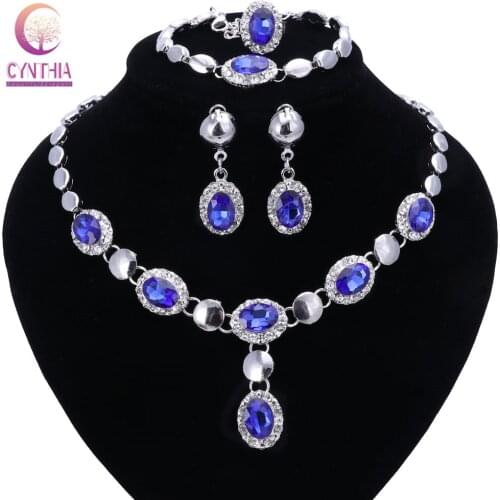 New Luxury Silver Plated Blue Crystal Dubai Bridal Jewelry Set For Brides Necklace Earring Wedding Party Accessories Women