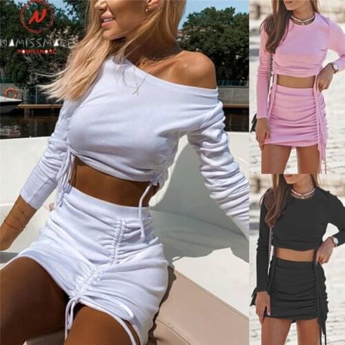 Sexy Two Piece Set for Women Shrinkage Drawstring Design O-Neck Long Sleeve Solid Short Top+Elastic High Waist Slim Hips Skirts