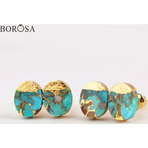BOROSA 5/10Pairs Gold Plating Oval Copper Turquoises Stud Earrings Gems Earrings for Women 2020 Fashion Earrings Gifts G1982