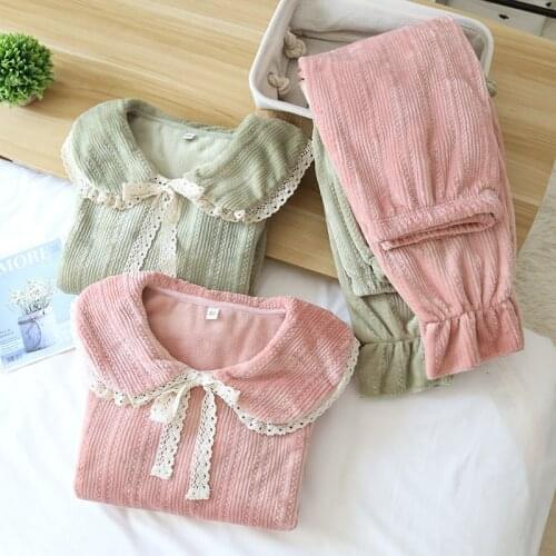 Fdfklak Plush Thick Warm Flannel Pajamas Set Winter Clothes Women Pyjamas Suit Long-Sleeve Pants Nightgwear Nightie