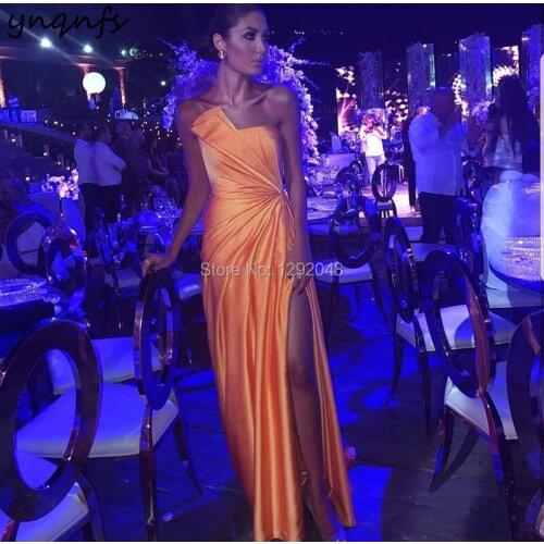 YNQNFS E26 Satin Strapless Sexy High Slit Orange Formal Evening Gown Long 2019