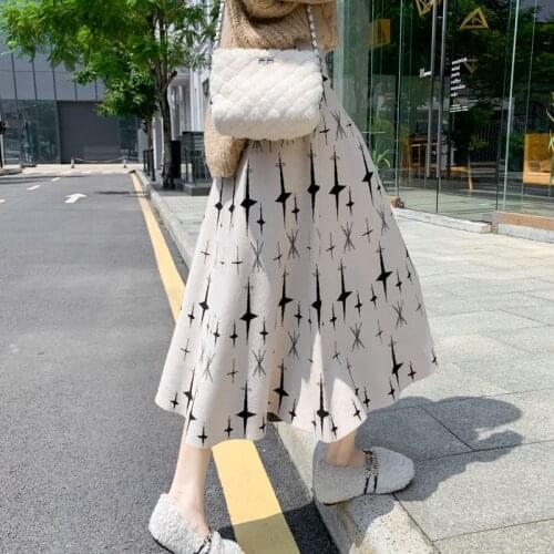Autumn Winter Women Midi-Calf Knitting Elastic Waist Casual Skirts Girls High Waist A-Line Elegant Star Printed Skirt DS293