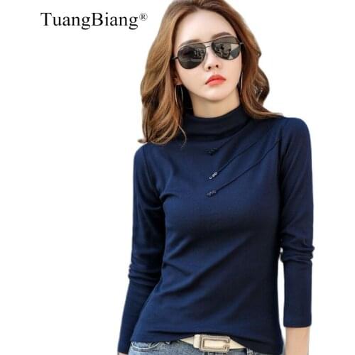 TuangBiang Long Sleeve Autumn Winter Cotton T-Shirt Women Wool Fashion Top Button Ribbed Tshirt Turtleneck Elastic Warm Clothing