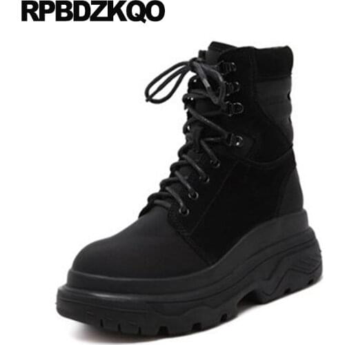 Wedge Muffin Front Lace Up Casual Ankle Boots Autumn Ladies Women High Heel Black Shoes Flatform Elevator Round Toe Platform