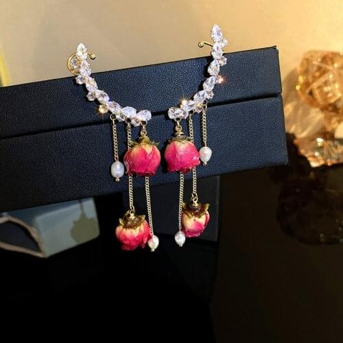 Origin Summer Romantic Simulation Rose Clip Earrings for Women Sweet Bling Bling CZ Stone Pearls Long Tassel No-Piece Earrings