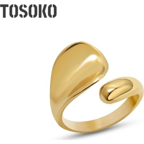 TOSOKO Stainless Steel Jewelry Simple Geometric Concave Ring 18K Golden Index Finger Ring BSA220