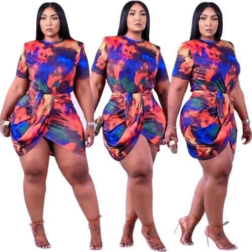 Colorful Tie-Dye Print Women Plus Size Dresses 2021 Summer New Arrivals O-neck Short Sleeve High Waist Bodycon Mini Dress