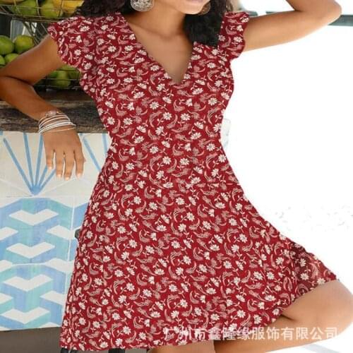 Plus Size Womens Clothing Floral Print Office Lady Female Long Dress V-neck Short Sleeve Harajuku Gentlewomen Ladies Dresses