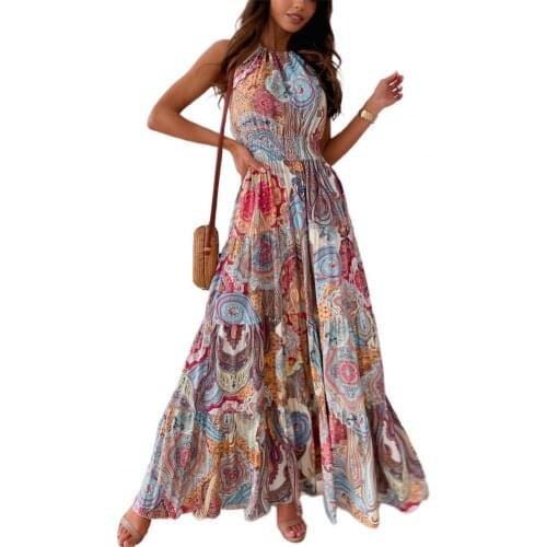Summer Off Shoulder Dress Women Vintage Maxi Sleeveless Dress Ethnic Print Wide Hem Halter Backless Dress Summer Beach Party