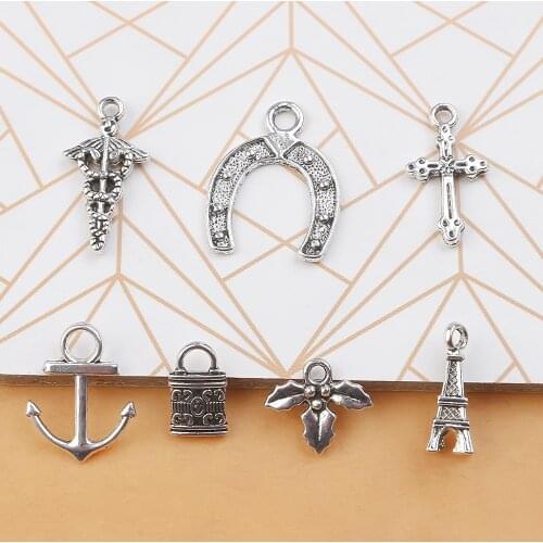 30pcs/lot Handmade Metal Tower Beads Mixed Tibetan Silver Charms Cross Pendants Diy Jewelry Findings Accessories Wholesale