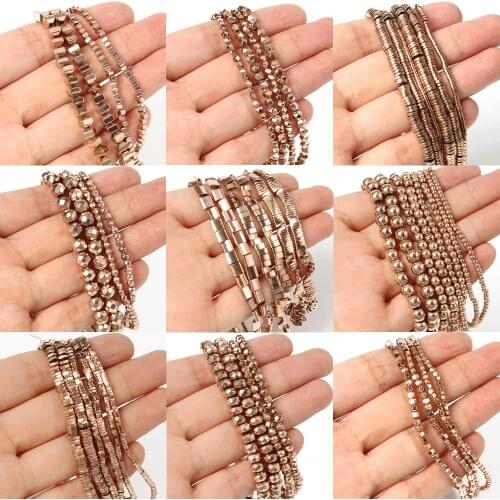 Color Retention Rose Gold-Plated Hematite Beads Natural Stone Round Cube Spacer Loose Beads for jewelry Making DIY Bracelet 15