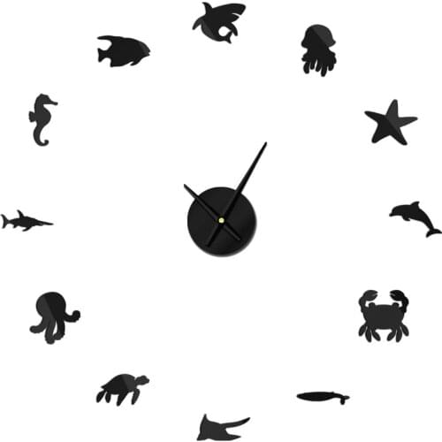 Children Room Decoration Aquatic Animals Wall Clock Watch Sea Life 3D DIY Acrylic Mirror Bedroom Wall Stickers Quartz Mechanism