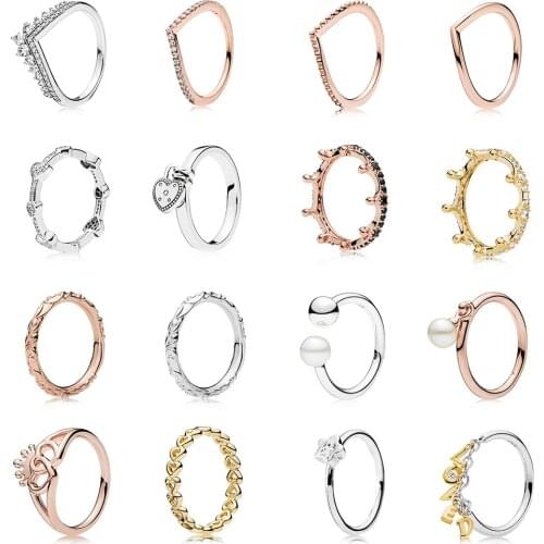 Silver Color Ring Charms Rose Gold Heart To Heart Queen Crown Style Finger Ring For Women Party Birthday Jewelry
