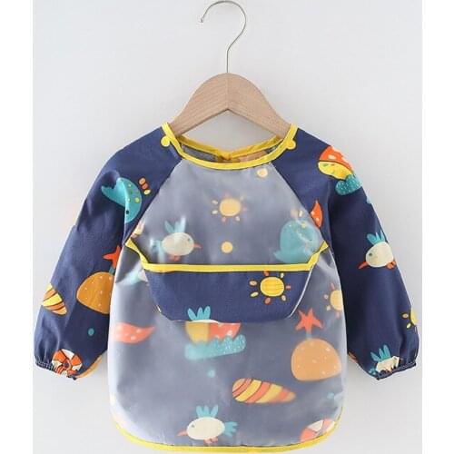 Cute Colorful Cartoon Bandana Waterproof Baby Self Feeding Bib Children Eating Drawing Long Sleeve Apron Infant Bibs