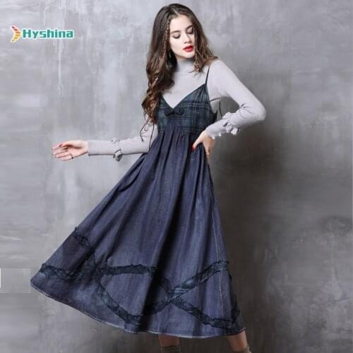 New Plaid Patchwork Dress Retro Suspender Swing Denim Dress