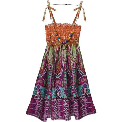 Oyolan Summer Girls Bohemian Dresses Off Shoulder Floral Sleeveless Rainbow Beach Suspender Dress with Necklace Kids Clothing