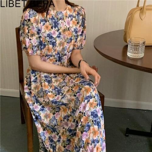 2021 New Women Summer Autunm Dresses Printed Floral High Waist Chiffon Vintage Korean Oversize Elegant Lady Long Dresses DR9252