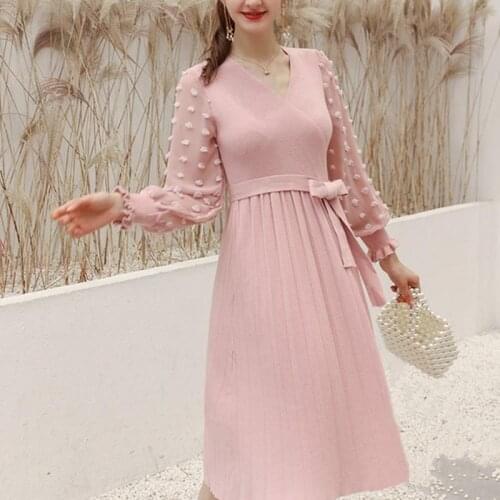 NORMOV Elegant Knitted Dress Women Sexy V-Neck Long Sleeve Pleated Belted Female Dress Autumn Winter Sweater Slim Party Dresses