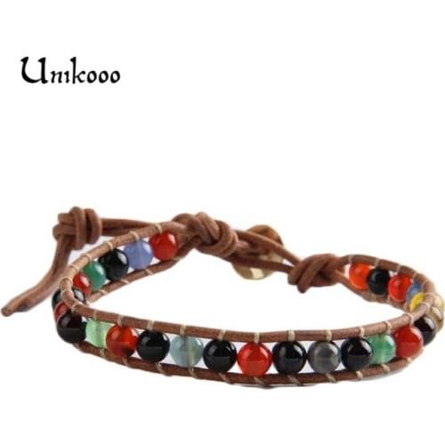 Multicolor 6mm Beads Strand Bracelet Leather Wrapped Bracelets Men/Woman Single Hand Jewelry