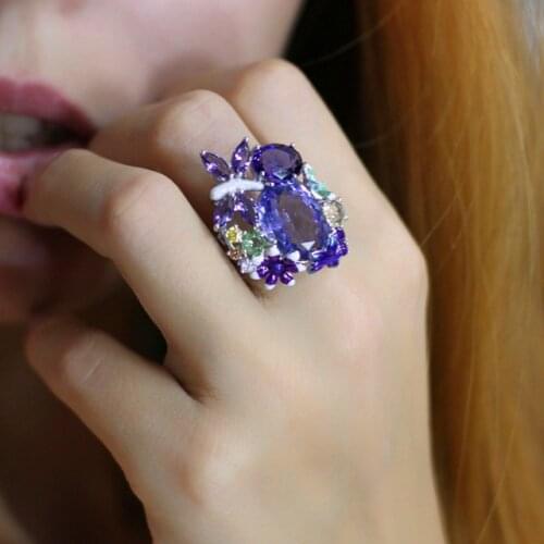 Luxury Female Big Oval Dragonfly Flower Ring Unique Style Purple Blue Engagement Ring Vintage Wedding Rings For Women