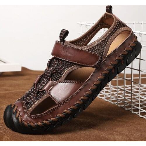 Mens Summer Closed Toed Leather Sandals Fisherman Casual Breathable Waterproof Walking Sports Beach Outdoor Handmade Shoes