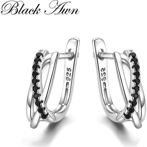 [BLACK AWN] Genuine 925 Sterling Silver Earrings Hoop Earrings for Women Black Spinel Silver 925 Jewelry I023