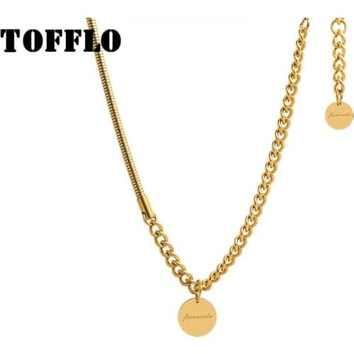 TOFFLO Stainless Steel Jewelry Round Brand Pendant Necklace Womens Link Chain Stitching Temperament Clavicle Chain BSP904