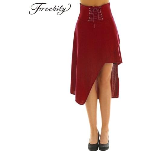 Fashion Womens High Low Skirts Vintage Steampunk Victorian Gothic High Waist Front Lace Up Ruffle Asymmetrical High Low Skirt