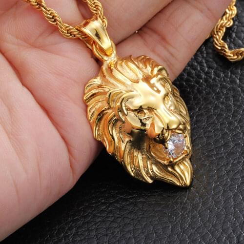 Fashion Jewelry 316L Stainless Steel Gold Lion Head Biker Pendant Charms With White Crystals Stone Free Rope Chain
