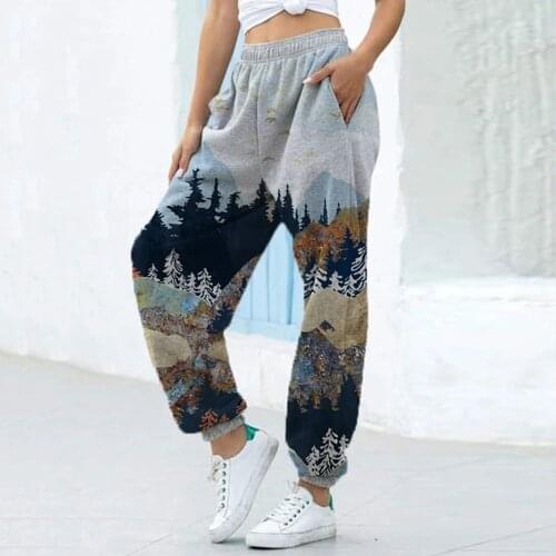 Womens Sweatpants Fashion Mountain Landscape Print Winter Warm Sports Running Pants Women Gym Fleece Trousers Женские Штаны