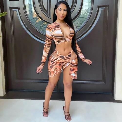 Aesthetic Print Sexy 3 Piece Bikini Set Summer Outfits for Women Zipper Up Full Sleeve Crop Top+underpant+bow Tie Mini Skirts