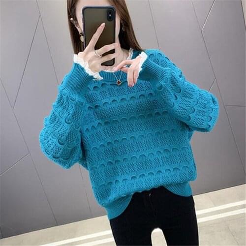 2021 Spring Autumn Fashion New Style Loose Round Neck Long Sleeve Splicing Lace Knit Base Sweater Ladies Top Trendy H206