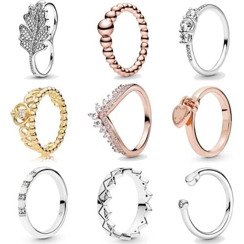 925 Sterling Silver Ring 1:1 Rose Love Lock Heart String of Beads Princess Wishbone Exotic Crown Femal Ring Fashion Jewelry