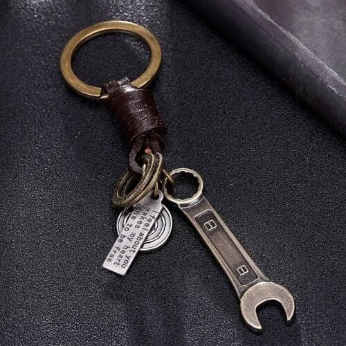 Alloy Vintage Antique Bronze Wrench Key Rings Braided Cowhide Keychain Pendant Punk Jewelry Gift For Friends 10PCS