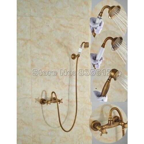 Antique Brass Bathroom Handheld Shower Faucet Wall Mounted Dual Cross Handle Mixer Tap with Ceramic Hand Spray W022