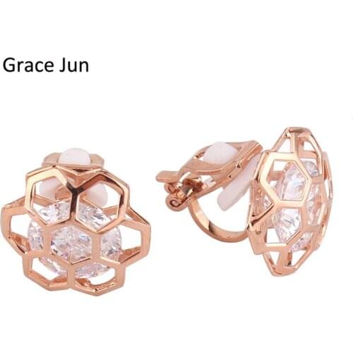 Grace Jun High Quality Copper Material Gold Color Geometric Clip on Earring No Pierced for Women No Ear Hole Earrings Bijouterie