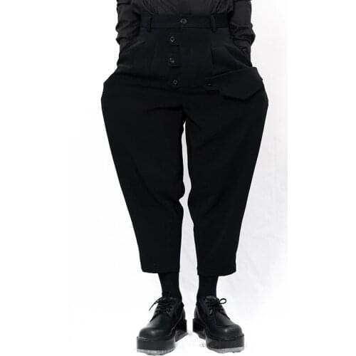 Yamamoto Style Mens new Casual Pants Capris button placket one side large pocket dark Harem