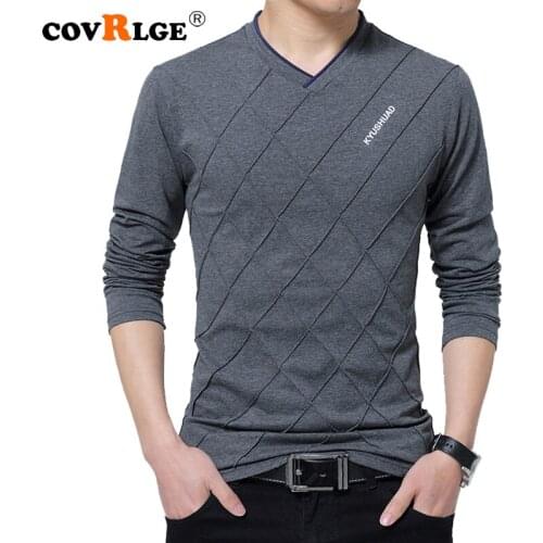 Covrlge 2018 Spring Mans T-shirt V-neck Long Sleeve T-shirts for Men Fashion Plus Size Tshirts Casual Tops Mens Clothing MTL070