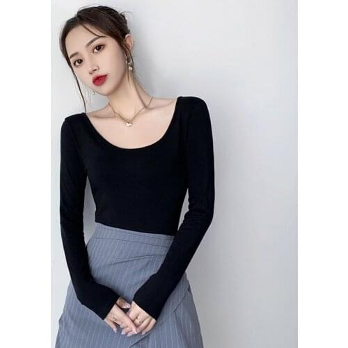 Cotton Long Sleeve T-shirt Womens round Collar in Black Skinny Womens U-Neck Womens Top Woman Tshirts Tops Mujer Camisetas