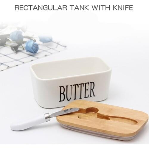 Ceramic Butter Box Wood Cover And Knife Butter Sealing Plate Storage Tray Dish Cheese Kitchen Food Container Butter Dish