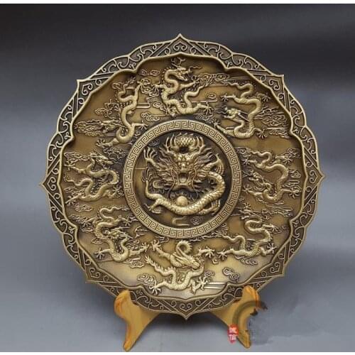 Chinese collection high-quality pure brass Nine dragons big plate